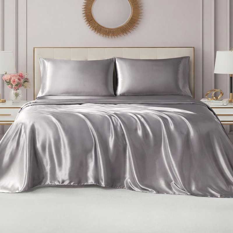 Juicy Couture Premium Silky Satin Sheet Sets, Twin Sheet Set with 1 Pillowcase, Silver Wisteria