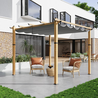 Pergola en aluminium 10 x 10 avec toit à persiennes réglable et auvent rétractable à double abat-jour - Pavillon de jardin extérieur résistant aux intempéries pour la cour, la terrasse et le jardin