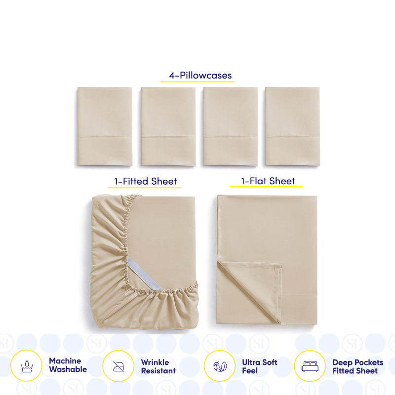 Ensemble de draps luxueux en microfibre douce avec taies d'oreiller en prime, Beige