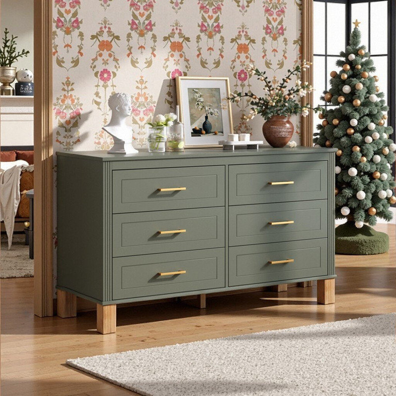 6-Drawer Double Dresser With Solid Wood Frame & Metal Handles, 47.24 L Storage Cabinet, Olive Green