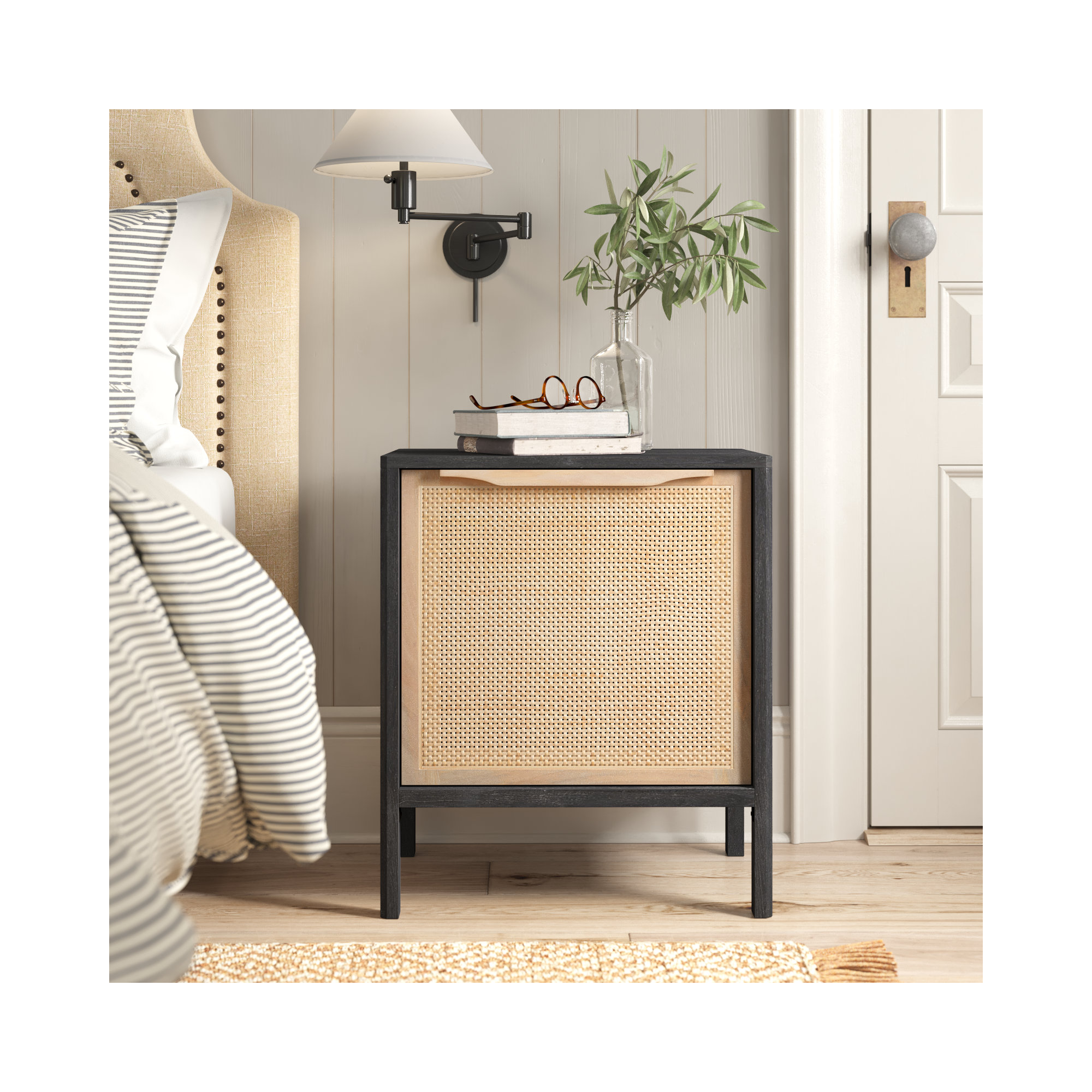 Nellie Cane Nightstand, Black Wash/Natural, Left