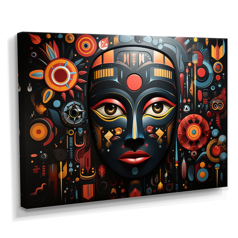 Indigène coloré masque noir - impression d'art mural africain, Toile tendue, H 30 po x l 40 po x P 1,5 po