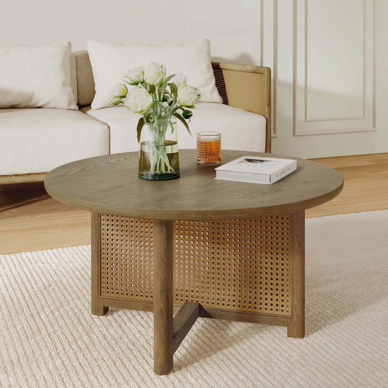 Table basse ronde en bois de rotin tissé avec structure en bois massif
