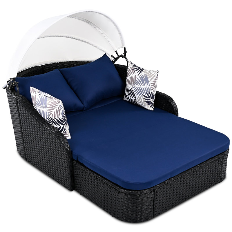 Lit de bronzage d'extérieur avec auvent réglable et coussin tendance - Coussin noir et bleu 79,9 po, Bleu