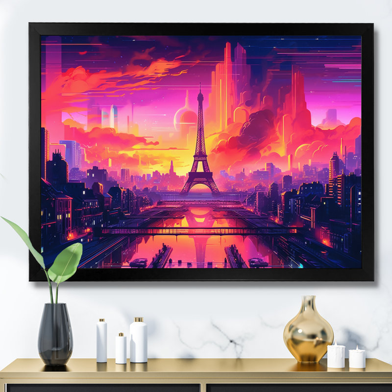 «Futuristic Paris Eiffel Tower Scenery I», reproduction sur toile, H 16 po x l 32 po x P 1 po, Cadre simple noir