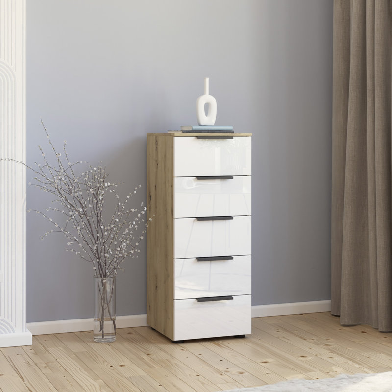 Flipp 5 Drawer 40Cm W Chest, Artisan Oak/White Glass/Graphite