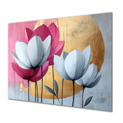 Golden Lotus Flowers Pure Form V - Lotus, art mural en métal pour le salon