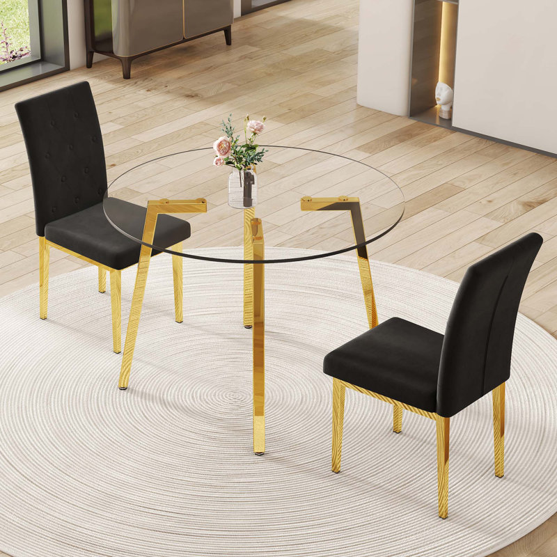 Table ronde en verre trempé transparent de style moderne avec pieds en métal et 2 chaises, Noir, 3 pièces: table, 2 chaises