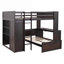 Lit plateforme pour petite famille grandissante, lit mezzanine double en bois massif brun riche avec lit simple supplémentaire, tablettes de bureau intégrées et garde-robe