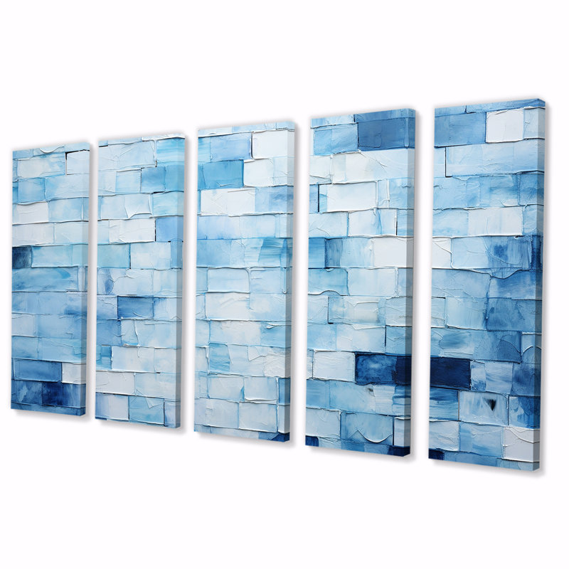 «White and Blue Scandinavian Tiles I - Boho Mosaic», art mural 5 pièces, H 28 po x l 60 po