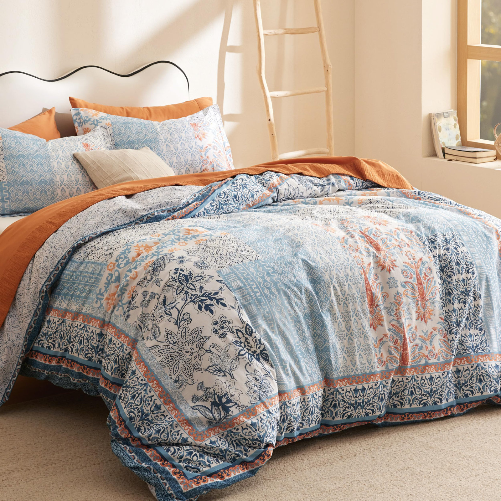 Bedsure 100% Cotton Reversible Floral Duvet Cover Set, King Duvet Cover + 2 King Shams, Blue/Orange Damask