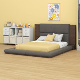 Floor Upholstered Platform Bed With Extended Wood Headboard & Bedside Shelf