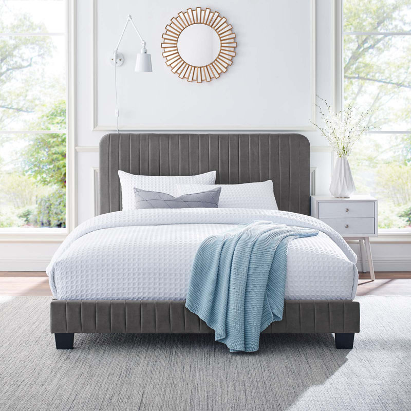 Celine Channel Tufted Performance Velvet Platform Bed, Twin, Gray