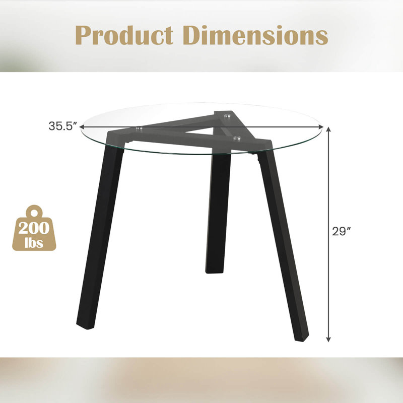 Costway 35.5" Round Glass Dining Table For 4 With Tempered Glass Tabletop Rubber Wood Frame, Black