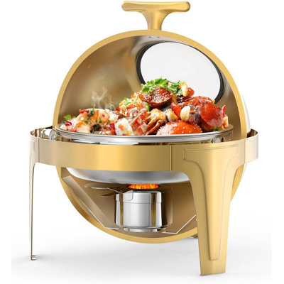 6QT Roll Top Chafing Dish Buffet Set, Round Stainless Steel Food Warmer with Glass Window, Gold