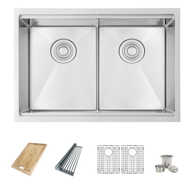 AZUNI Avanti Undermount 28 inch Stainless Steel Double Bowl Kitchen Sink