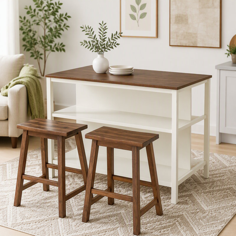 Ensemble îlot de cuisine en bois massif 3 pièces avec 2 tabourets