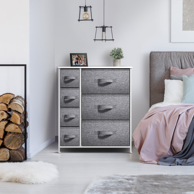 Sorbus Dresser with 7 Drawers - Storage Chest Organizer with Steel Frame, Wood Top, Handles, Fabric Bins, White, White/Gray