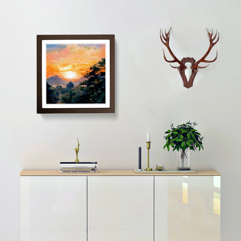 Japanese Sunset Impressionism No.1 - Single Picture Frame Print on Wood, Walnut
