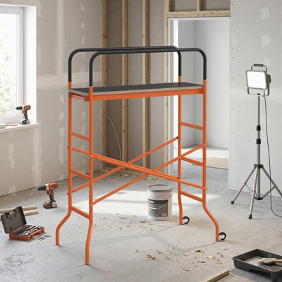 4-Step Steel 4.6 x 2 x 6 ft. Scaffold 2 Wheels Free Moving for Indoor & Outdoor Decoration Anti-Skid, 440 Pound Capacity, Orange