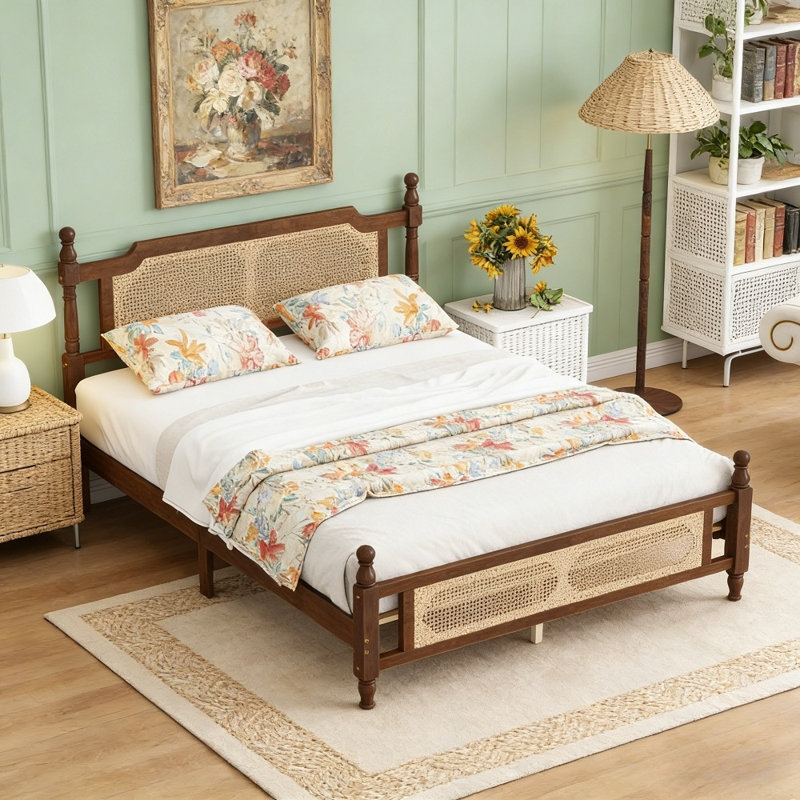 Pine Wood Platform Bed, Bed With Rattan Headboard & Footboard, Central Enhanced Bed Platform Design,No Box Spring Required