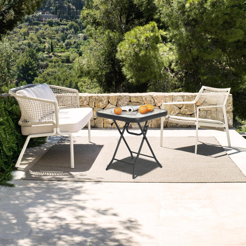 Folding Patio Side Table with Square Tempered Glass Tabletop