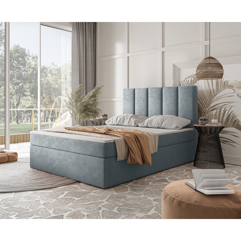 Box Spring Bed Jinesh with Bonell Mattress and Storage, Blue, 160 x 200cm