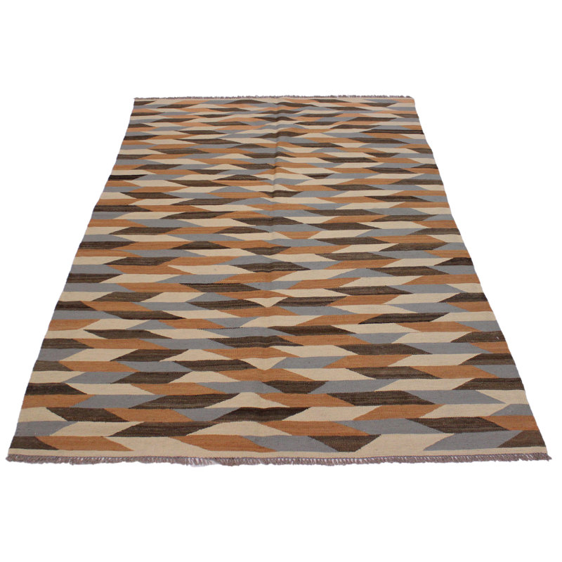 Tapis ivoire / gris en laine fabriqué à la main de conception unique 4 pi 8 po x 6 pi 9 po Lowena