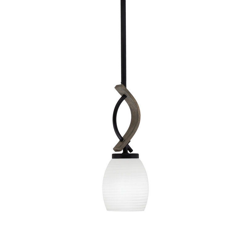 Mini-luminaire suspendu à tige de style Hallmann avec finition en métal et verre blanc 5 po, Noir mat / bois patiné peint