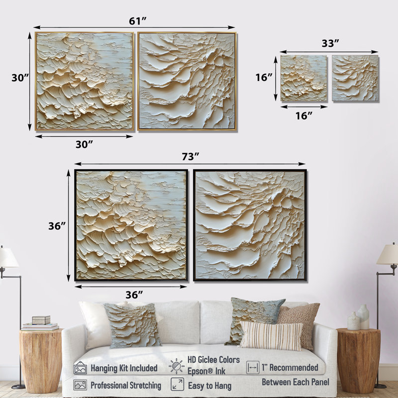 «Ascendant Light of Cream Waves Waters I» - art mural moderne - ensemble d'art mural abstrait 2 pièces, Toile tendue