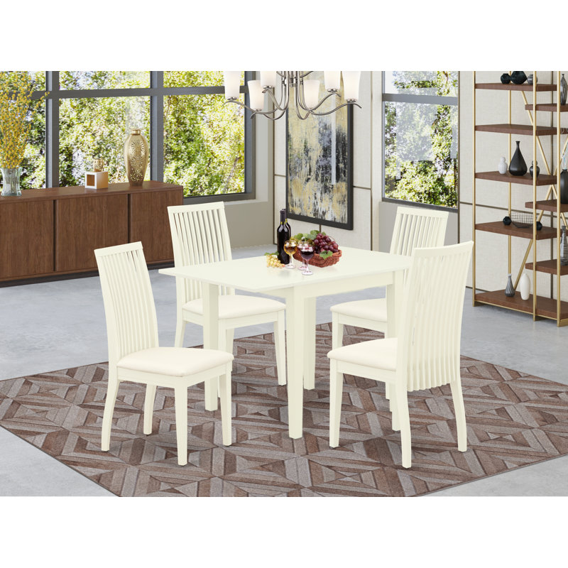 L'ensemble de table de cuisine 5 pièces pour 4 personnes comprend une table de salle à manger rectangulaire avec Dropleaf et 4 chaises en tissu de lin, blanc lin