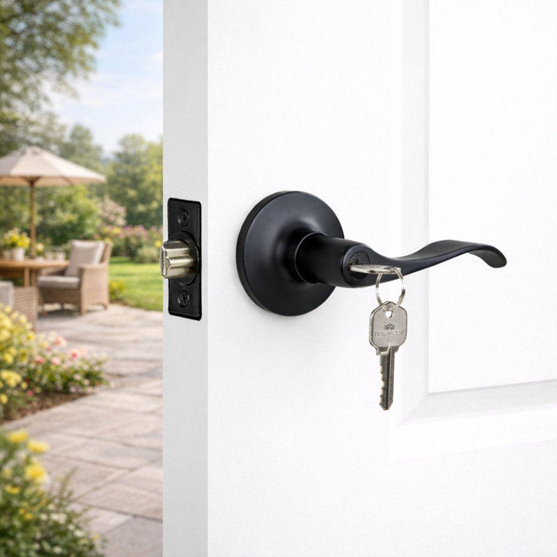 Stratford Satin Nickel Keyed Entry Door Lever with Universal 6-Way Latch, Matte Black