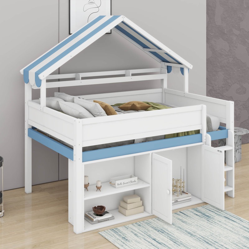 Full Size Loft Bed With Canopy Roof, White/Blue