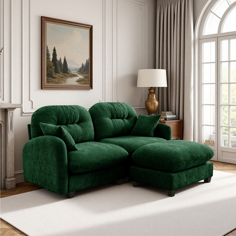 Sectional L-shaped Couch With Ottoman, Chenille Fabric, Green Chenille