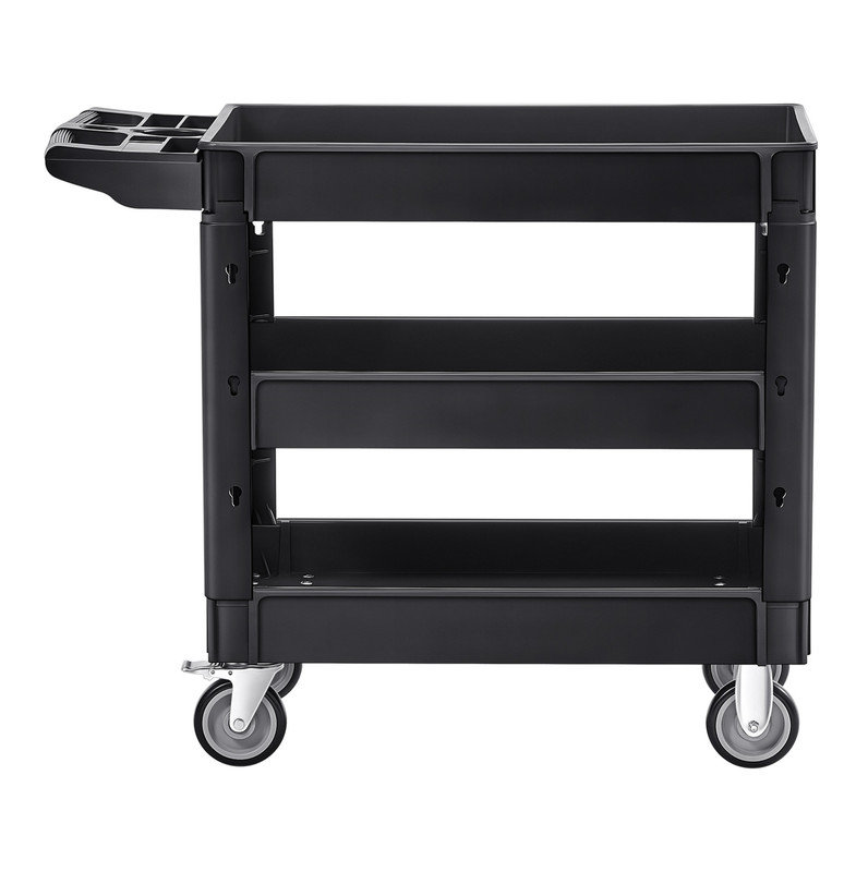 Chariot utilitaire, chariot utilitaire roulant en plastique robuste à 3 tablettes de 550 lb avec roulettes pivotantes à 360 ° (2 avec freins), tablette à bord moyen, poignée de rangement ergonomique pour entrepôt / garage / nettoyage