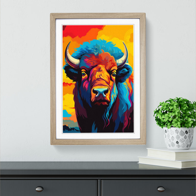 Bison Pop Art - Framed Print, Oak, 46cm H x 34cm W x 2cm D