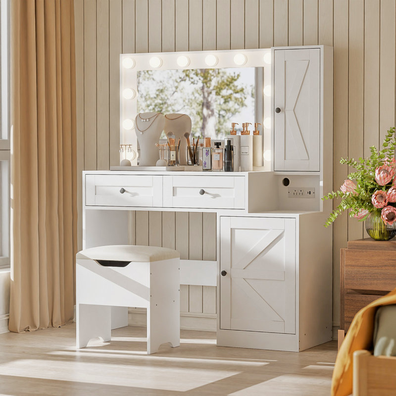 Farmhouse 43.3" Vanity Desk with Hollywood Mirror Lights, Rustic Dressing Table Set with 2 Drawers & 2 Cabinets, Large Makeup Vanity with Stool for Bedroom, Distressed Wood Vanity Desk with Storage