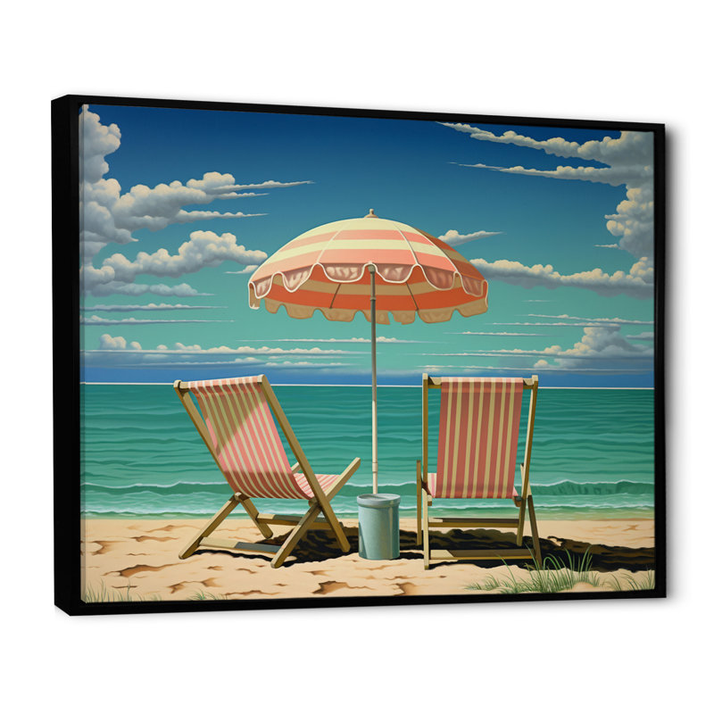 Rehobeth " Retro Beach Chairs Under A Clear Blue Sky ", Black Floater Framed, 30" H x 40" W x 1.5" D