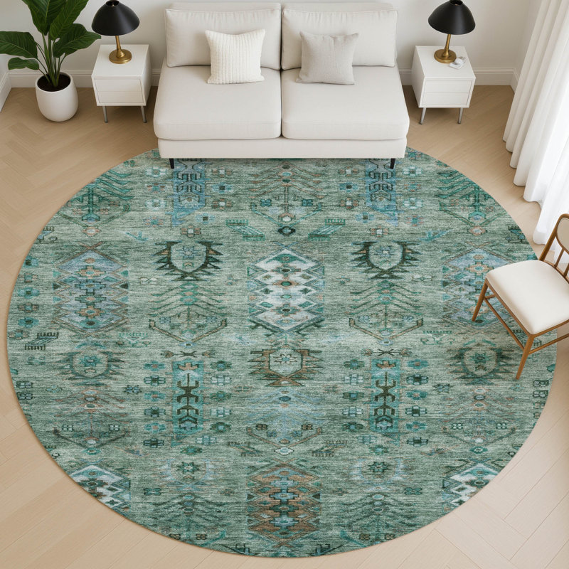 Premium Machine Washable Mayfield AMF2047 Global Rug, Green, 8' Round