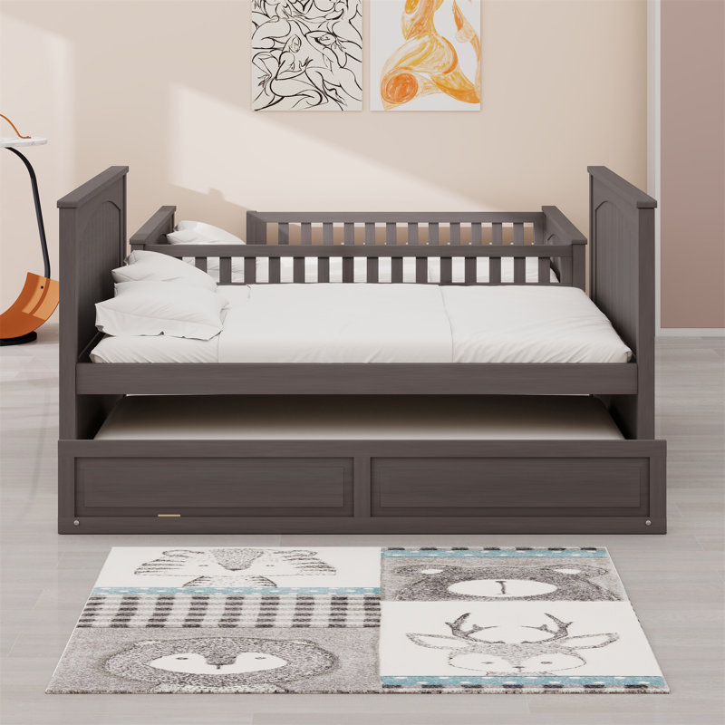 Wood Bunk Bed With Trundle, Guardrails, Brushed Gray