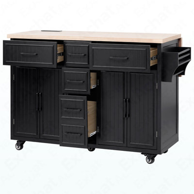56.5'' Kitchen Island With Drop Leaf, Power Outlet, Embossed Vertical Stripe Rolling Kitchen Cart On Wheels With 4 Doors , 5 Deep Drawers And Adjustable Shelves, For Kitchen, Dining Room, Black