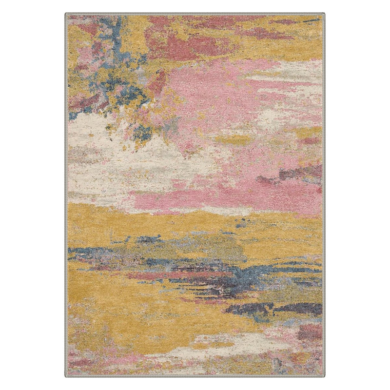 Lucchesi Abstract Machine Washable Yellow / Pink Indoor Area Rug with Non-Slip Backing, Rectangle 9' x 12'