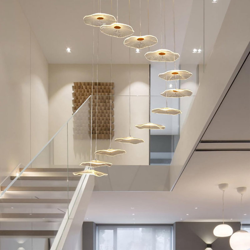 High Ceiling Chandelier - Dimmable Modern Gold Long Spiral Luxury Linear Lotus Leaf Led Lamp Hanging Pendant Lights For Foyer Enterway Staircase Villas