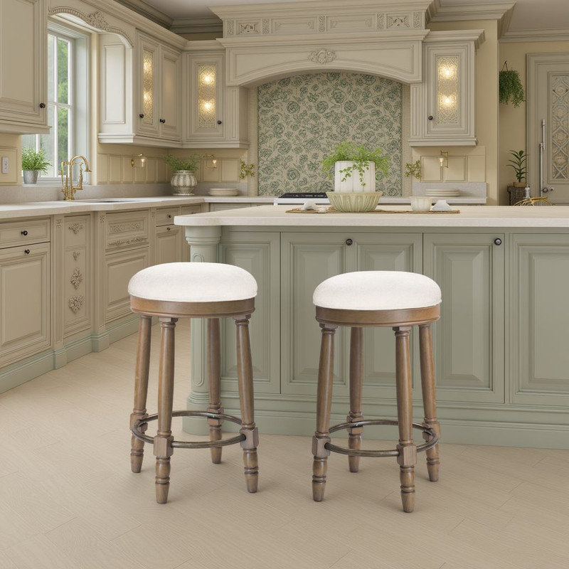Ensemble de 2 tabourets de bar pivotants - siège rembourré en tissu, base en bois d'hévéa?, Brun, Blanc