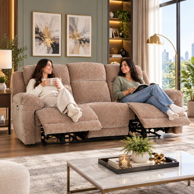 Hudson 3 Seater Chenille Fabric Upholstered Power Reclining Sofa with USB and Type C Charging Port