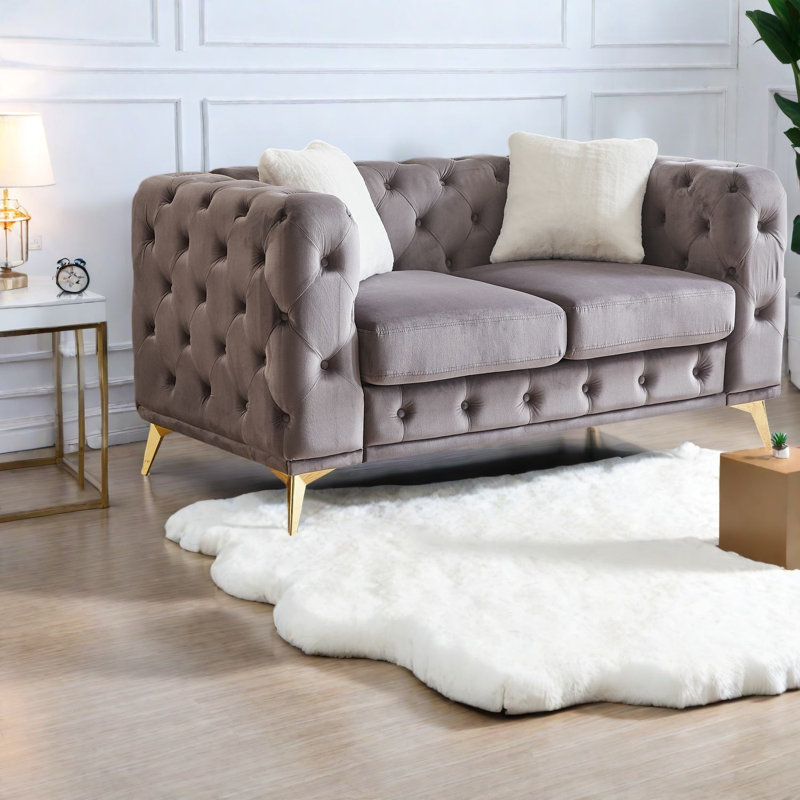Canapés en velours à compression, pieds en métal de 61,25 pouces, capitonnage moderne