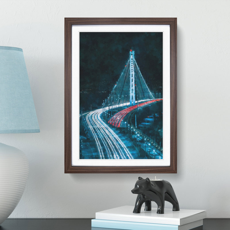 Oakland Bay Bridge In San Francisco - Single Picture Frame Print on MDF, 33cm H x 24cm W x 2cm D, Walnut Framed