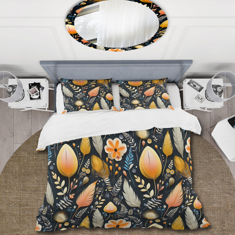 Ensemble de housse de couette à motif floral jaune et gris, Housse de couette pour grand lit et 2 taies décor