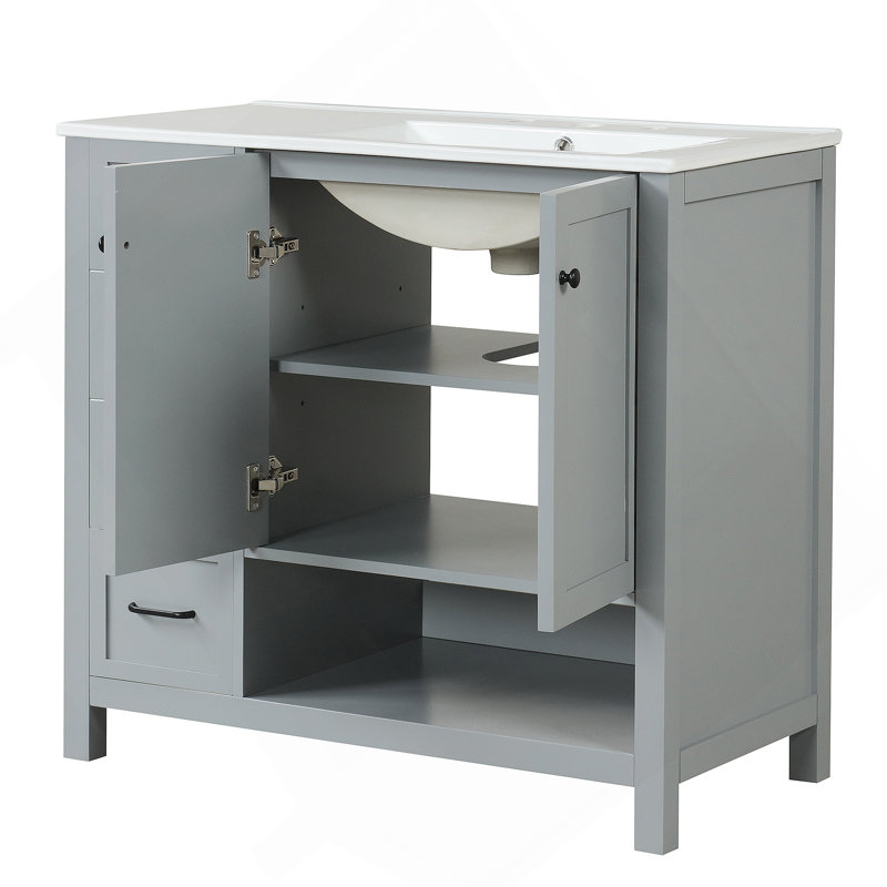 Meuble-lavabo de 36 po avec comptoir d'évier, meuble-lavabo avec deux portes et deux tiroirs, bois massif, tablette ouverte, panneaux de fibres à densité moyenne, un paquet, gris