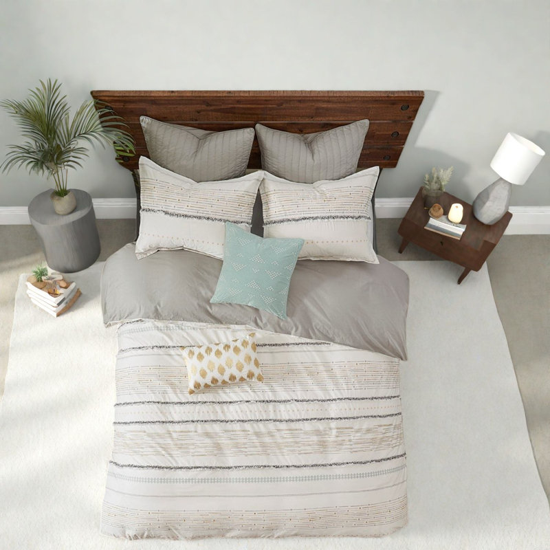 Ensemble de literie en coton Boho avec garnitures à pampilles, très grand / très grand californien, blanc cassé moderne / gris